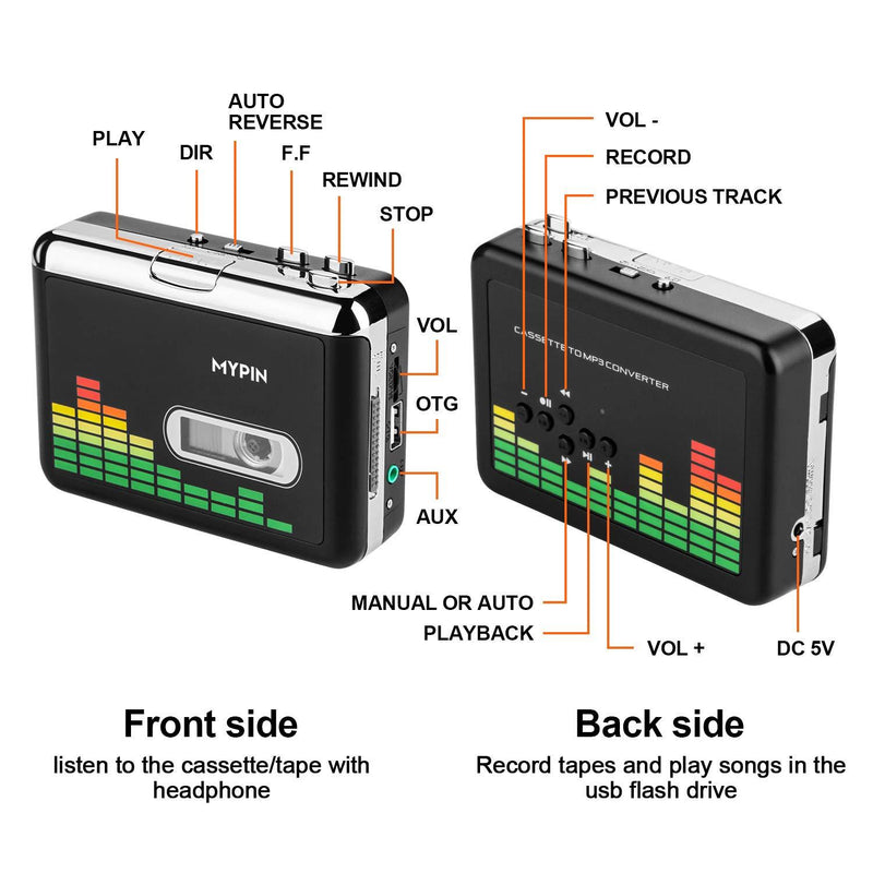 USB Cassette to MP3 Converter, Portable Walkman Cassette Audio Music Player Tape-to-MP3 Converter with Earphones, Volume Control, No PC Required