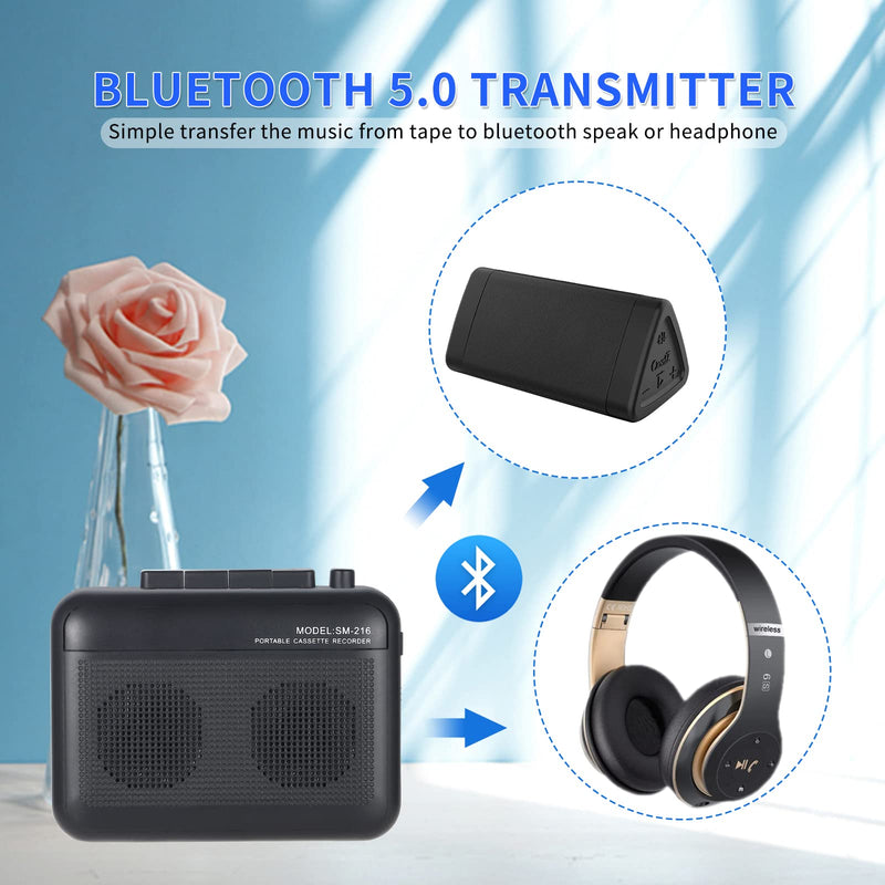 Portable Cassette Player Recorder with Bluetooth Transmitter, Walkman Cassette Tape Player with Headphone Jack, Build-in Speaker, Microphone Jack, Powered by AC Adapter or AA Battery- Black