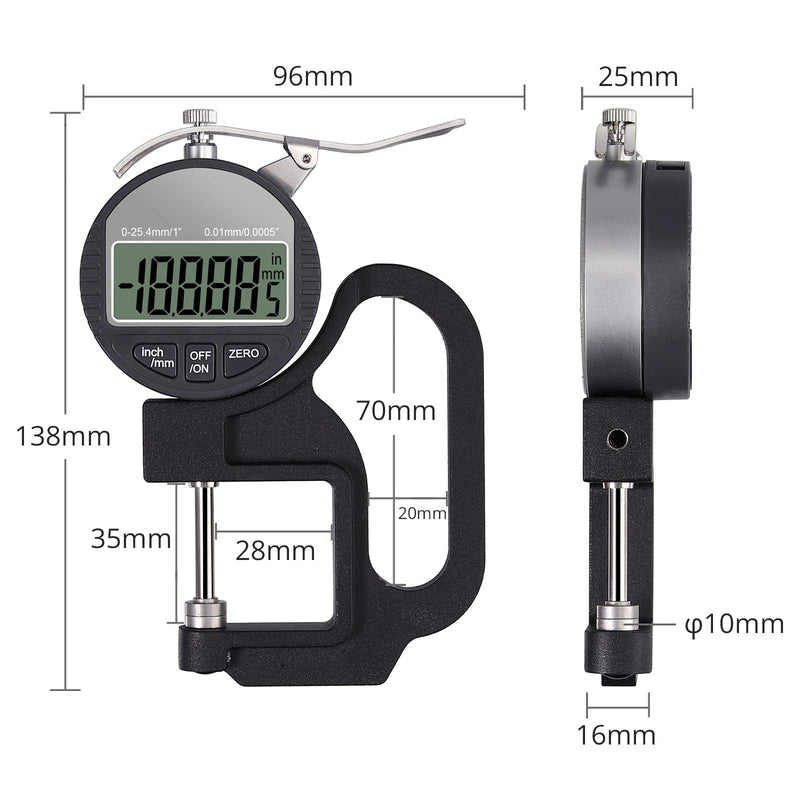Neoteck Digital Thickness Gauge 1 inch/25.4mm, 0.0005"/ 0.01mm, Thickness Meter Precise Electronic Micrometer with LCD Display 1"/0.0005"