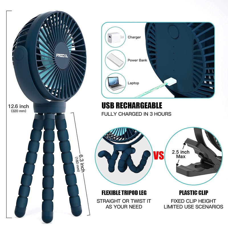 Portable Stroller Fan, Use As Power Bank 55H 12000mAh Battery Operated Fan Tripod Baby Car Seat Fan, Personal Mini Handheld/Desk/Small Clip On Fans For Stroller, Carseat, Bike, Beach, Bedroom, Camping Darkblue