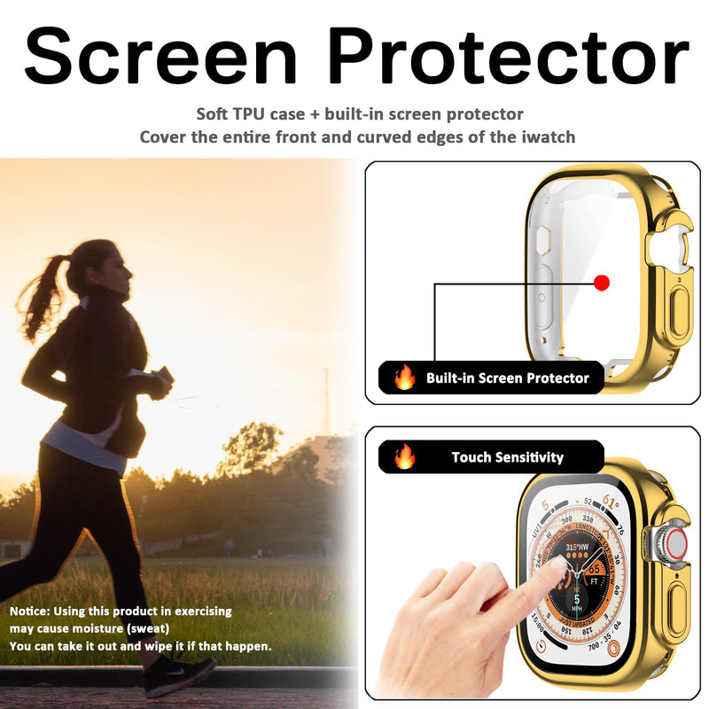 Miimall Compatible Apple Watch 49mm Case Ultra with Screen Protector, Over-All Protective Flexible TPU Shell, Shockproof Touch Sensitive HD Clear Slim 49mm Case for Apple Watch Ultra(Gold) Gold