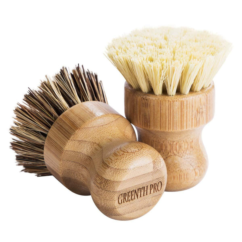 Palm Pot Brush- Bamboo Round 3 Packs Mini Dish Brush Natural Scrub Brush Durable Scrubber Cleaning Kit with Union Fiber and Tampico Fiber for Cleaning Pots, Pans and Vegetables