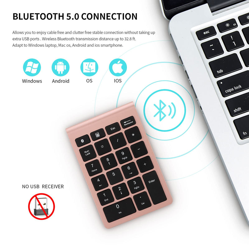 Bluetooth Number Pad,Bluetooth 5.0 Wireless Number Pad with Shortcut Keys,22 Keys Portable Financial Accounting Extensions 10 Keys for Laptop Desktop, PC, Pad,Notebook (Gold) Rose Gold