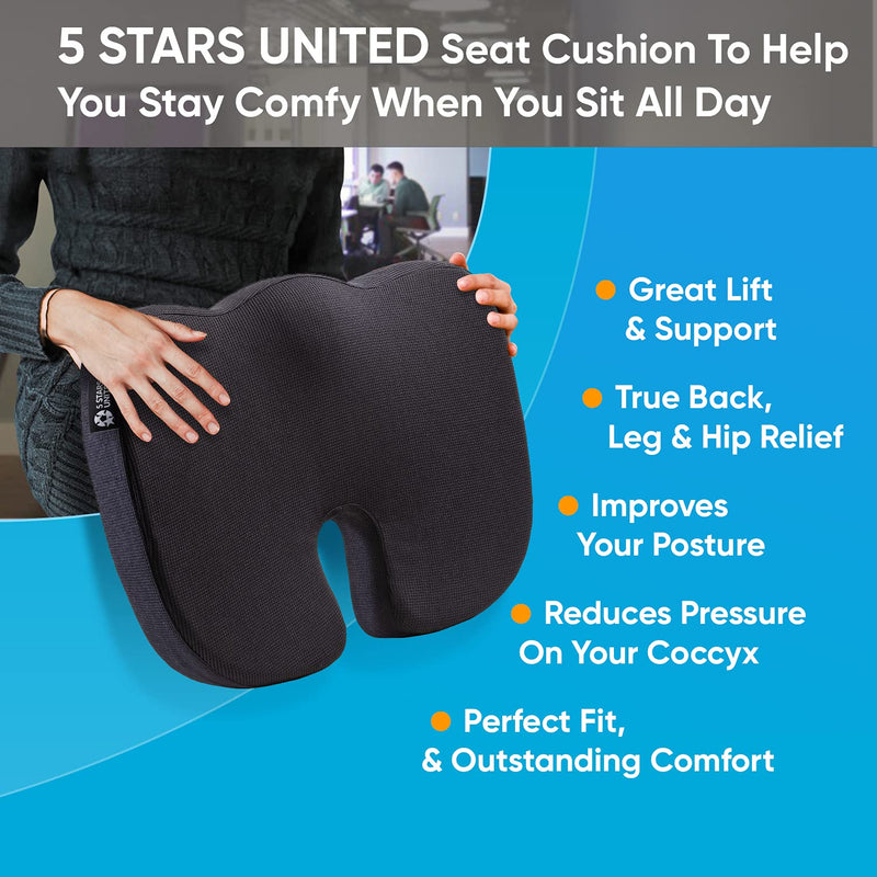 Seat Cushion Pillow for Office Chair - Memory Foam Firm Coccyx Pad - Tailbone, Sciatica, Lower Back Pain Relief - Contoured Posture Corrector for Car, Wheelchair, Computer and Desk Chair Black 1