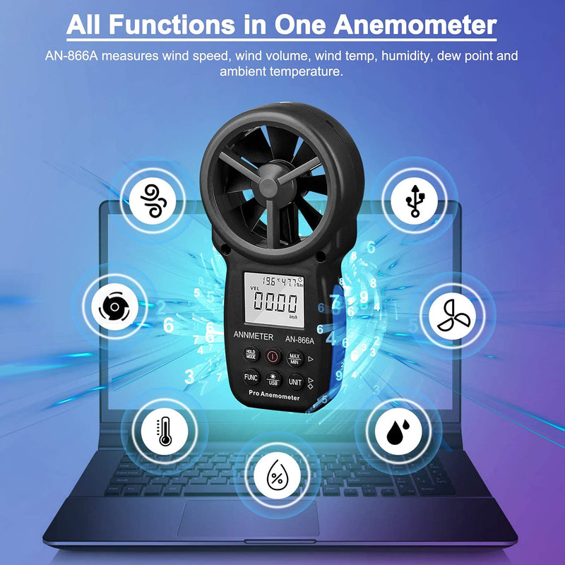 AIOMEST Wind Meter, Digital Anemometer Wind Meter Handheld, AI-866A Wind Meter CFM Wind Speed Meter for Wind Speed Temperature, with USB Port