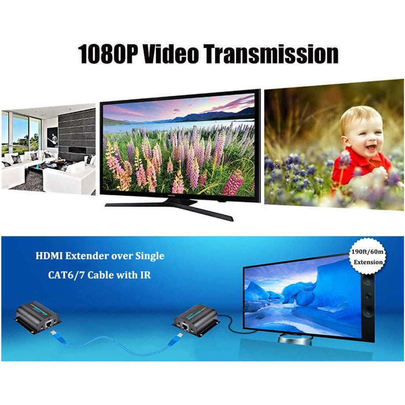 AGPtek LKV372A 60m/190ft 1080P HD HDMI Network Extender Over Single Cat6/6a/7 Ethernet Cable with IR Remote Control