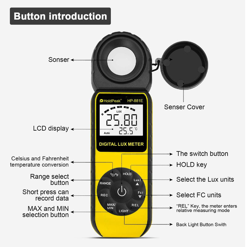 Light Meter-HOLDPEAK 881E Digital Illuminanc/Light Meter with 0.01~300,000 Lux (0.01~30,000 FC) Measuring Ranges and 270° Rotatable Detector for LED Lights and Plants Lumen Meter HP-881E(0.1 - 200,000Lux / 1 - 20,000FC)