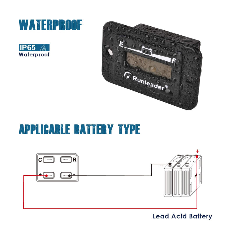 Runleader 12V 24V 36V 48V LED Battery Indicator, Battery Capacity Meter,Monitor of Battery Charge &Discharge for Golf Cart Electric Vehicle Star Car Stacking Machine Alternator. (12/24V) 12/24V