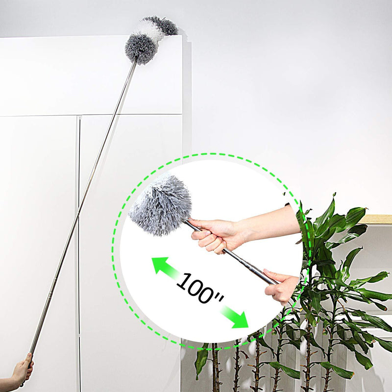 BOOMJOY Microfiber Feather Duster with Extendable Pole, 100" Telescoping Cobweb Duster for Cleaning, Bendable Head, Scratch-Resistant Cover, Washable Duster for Ceiling, Fan, Furniture Grey