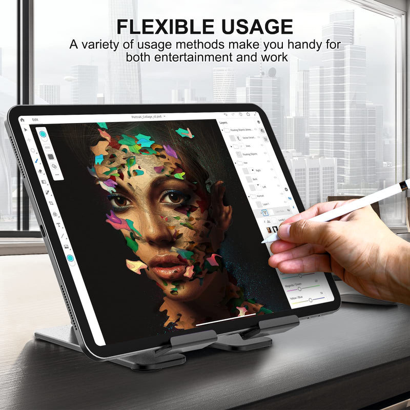 Aluminum Foldable iPad Stand, Metal Tablet Stand, Adjustable Desktop Stand Holder for Writing and Drawing, Compatible with Tablet Such as iPad Pro 9.7, 10.5, 12.9, iPhone. (Grey) Grey