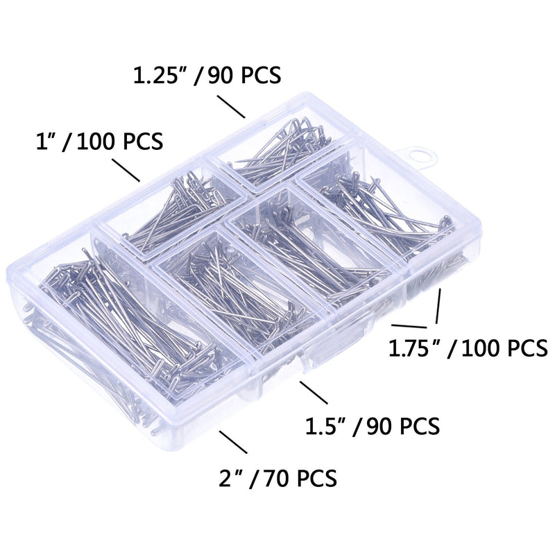Outus 450 Pieces Steel T-Pins Plated 1 Inch, 1-1/4 Inch, 1-1/2 Inch, 1-3/4 Inch, 2 Inch