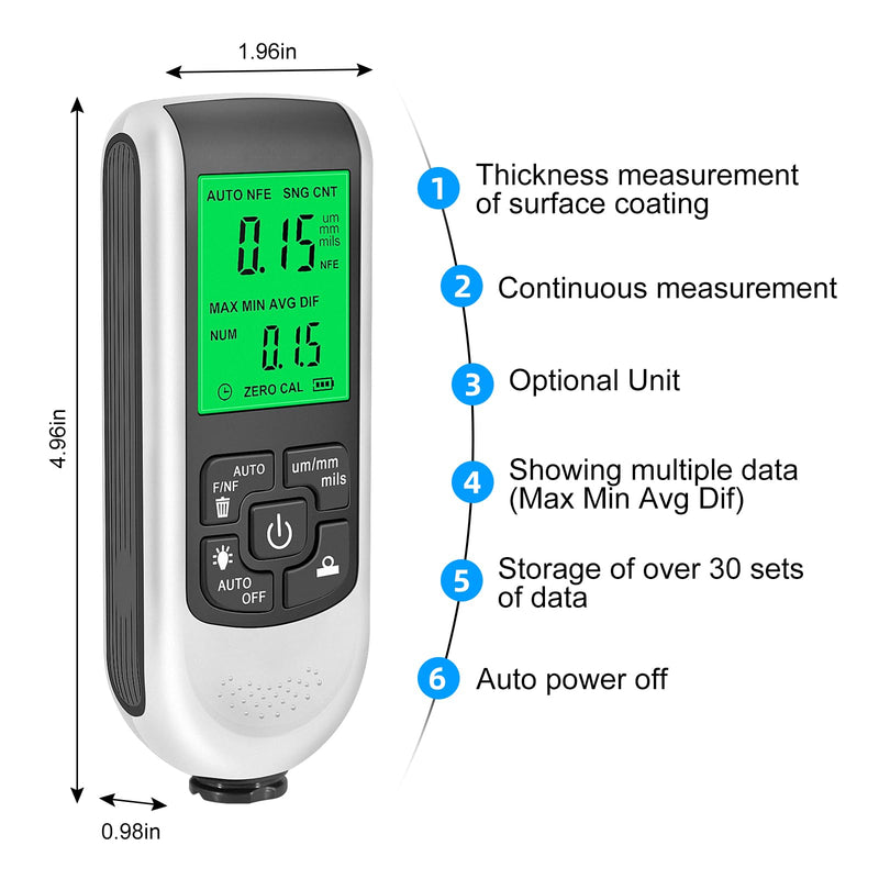 OBDResource Coating Thickness Gauge with Backlight Digital LCD Display, Paint Gauge Car Measuring Range 0 to 2000um Messaging Machine for Car Paint Tester