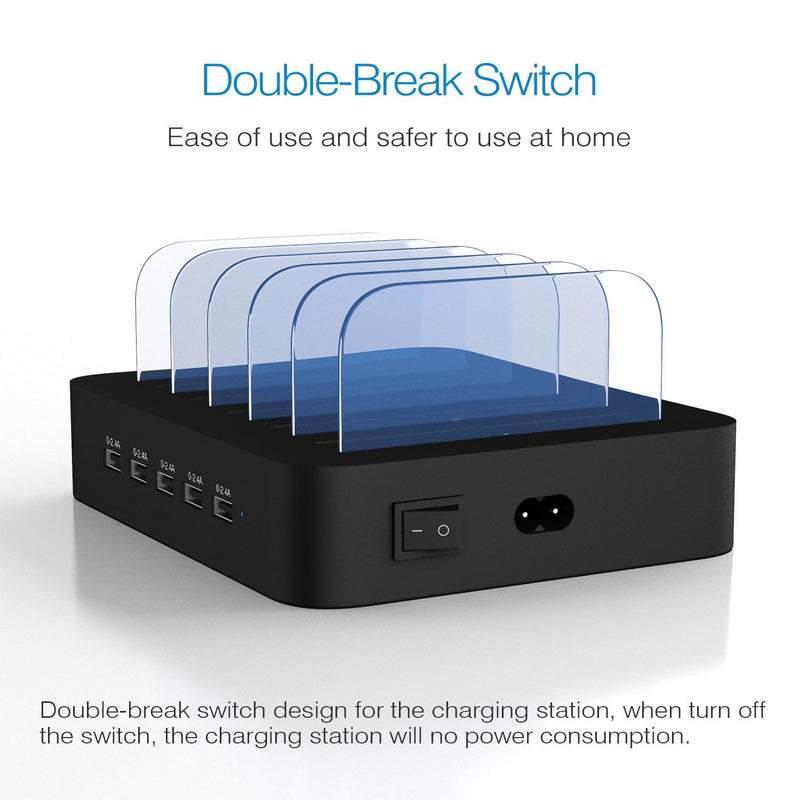Charging Station for Multiple Devices, MSTJRY USB Charging Station Dock Switch Cell Phone 5 Port Charging Station, Compatible with iPhone iPad Cell Phone Tablets (Black, 5 Short Cables Included) Black