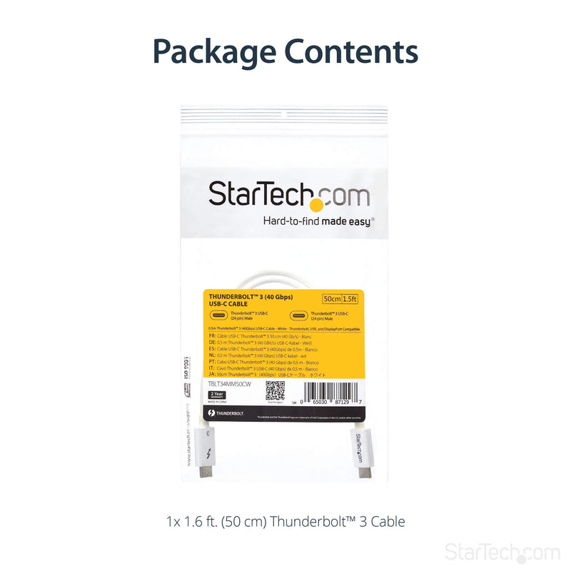 StarTech.com 40Gbps Thunderbolt 3 Cable - 1.6ft/0.5m - White - 5k 60Hz/4k 60Hz - Certified TB3 USB-C Charger Cord w/ 100W Power Delivery (TBLT34MM50CW) 1.5ft 40Gbps | White