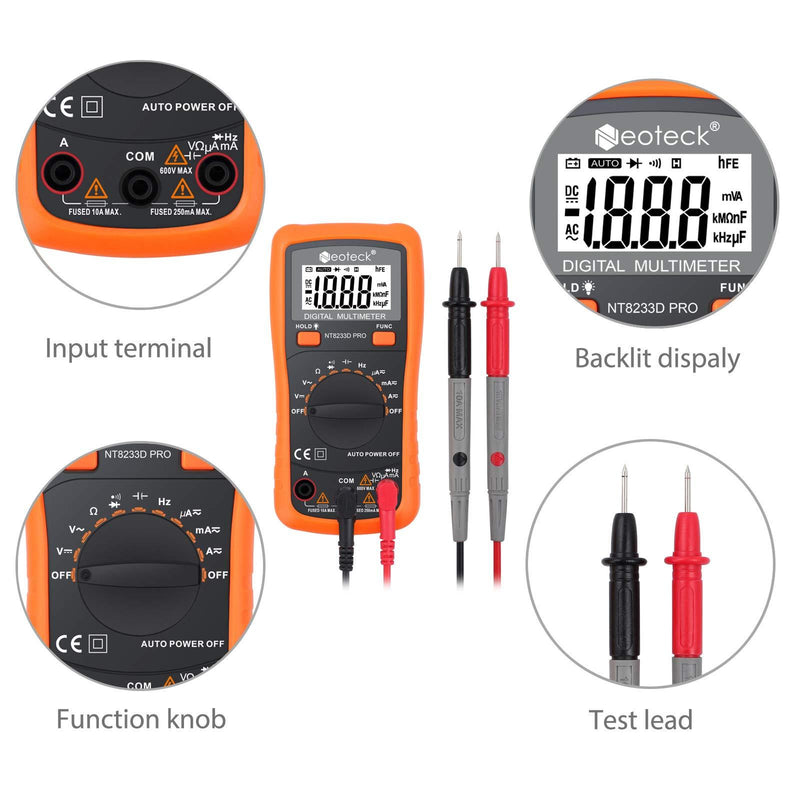 Neoteck Auto Ranging Digital Multimeter AC/DC Voltage Current Ohm Capacitance Frequency Diode Transistor Audible Continuity, Multi Tester with Backlit LCD Orange