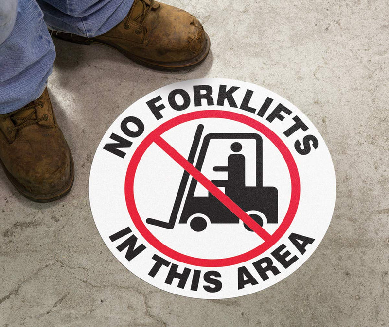 Accuform MFS737 Slip-Gard Adhesive Vinyl Round Floor Sign, Legend"NO FORKLIFTS in This Area", 17" Diameter, Red/Black on White