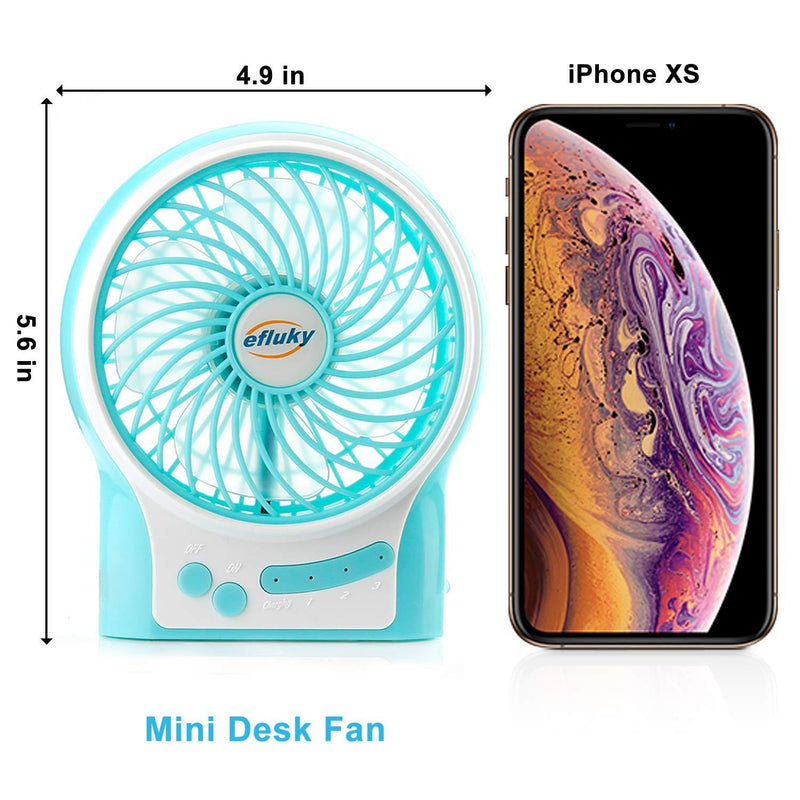 efluky 3 Speeds Mini Desk Fan, Rechargeable Battery Operated Fan with LED Light and 2200mAh Battery, Portable USB Fan Quiet for Home, Office, Travel, Camping, Outdoor, Indoor Fan, 4.9-Inch,Blue Blue