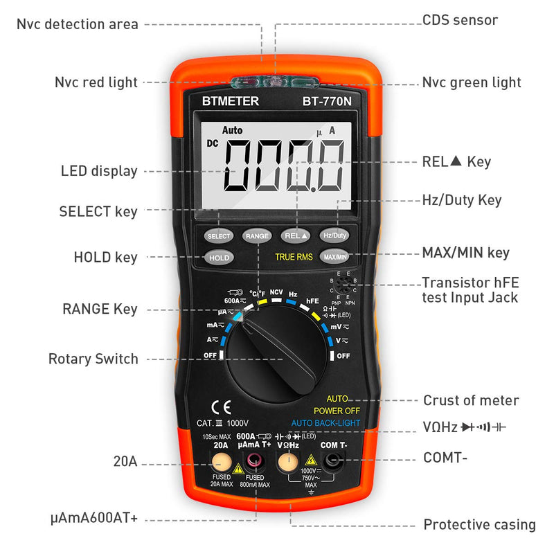 BTMETER BT-770N TRMS Auto Manual Ranging Multimeters, 6000 Counts Digital Multimeter AC DC Amp Ohm Volt Meter hFE LED Capacitor Tester to 99.99mF with Thermometer Backlit