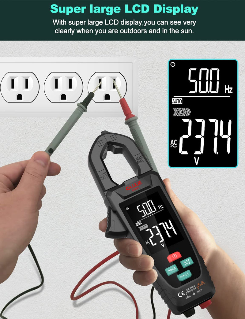 QLUUE Clamp Meter 9999 Counts, Multimeter Measures AC Current, AC/DC Voltage, Temperature, Capacitance, Resistance, Diodes, and Continuity, Voltage Tester with NCV, Auto-ranging, and Carrying Case