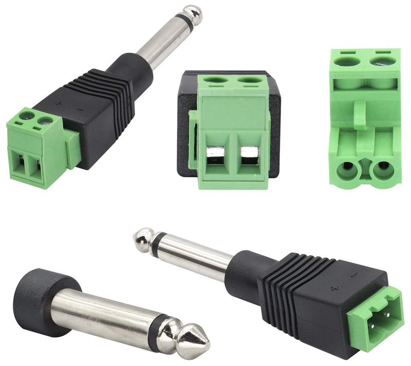 AAOTOKK 6.35mm Screw Terminal Block Connector 6.35mm (1/4") TS Mono Male to 2 Pin/Way Female Bolt Screw Terminals Pluggable AUX Audio Microphone/Speaker Wire Solderless Converter(5-Pack)