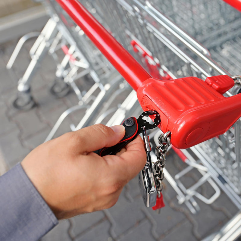 Key ring mini tool 9 functions - PARCEL CUT & CART - shopping cart remover, parcel knife, bottle opener, parcel opener (real 440 stainless steel) anodized aluminum titanium color - TROIKA Original