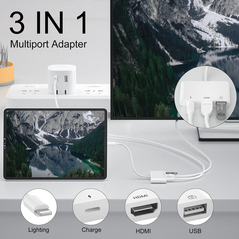 HDMI Adapter, 3 in 1 USB Camera Adapter with 1080P Digital AV HDMI Adapter + Charging Splitter, Support USB Flash Drive, MIDI Keyboard, Mouse, Ethernet Adapter