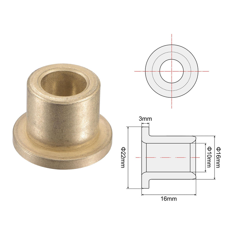 uxcell Flange Sleeve Bearings 10mm Bore 16mm OD 16mm Length 22mm Flange Dia 3mm Flange Thickness Sintered Bronze Self-Lubricating Bushing 2pcs 10x16x16mm