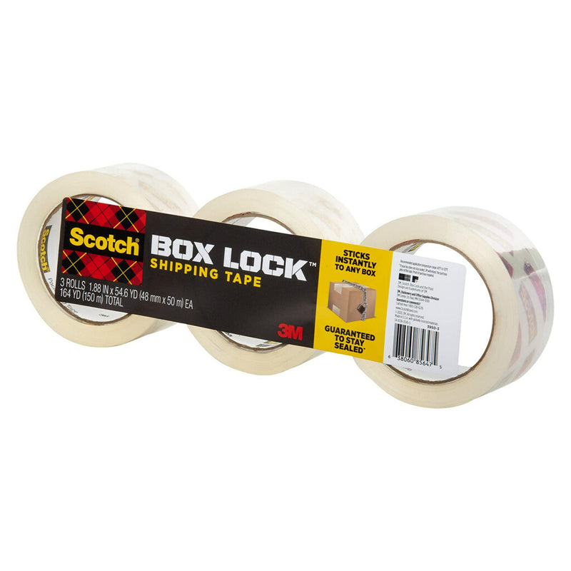 Scotch Box Lock Packaging Tape, 3 Rolls, 1.88 in x 54.6 yd, Extreme Grip Packing, Shipping and Mailing Tape, Sticks Instantly to Any Box