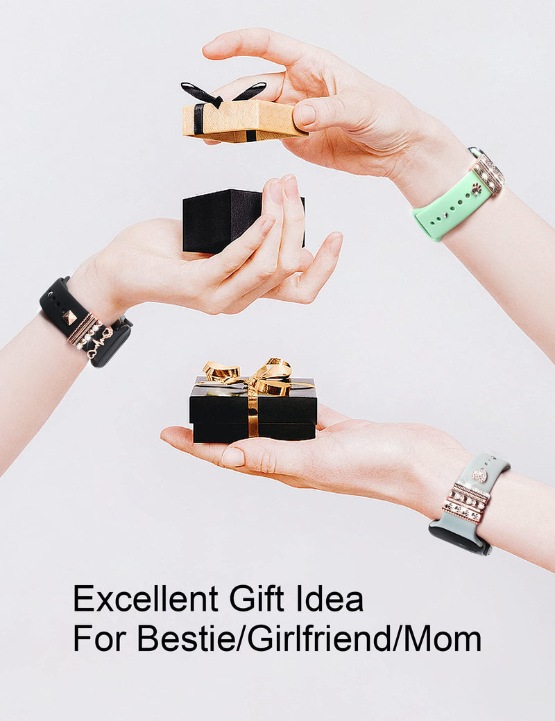 JR.DM 13 Piece Rose Gold Apple Watch Charms With 10-Pcs Decorative Rings Loops & 3-Pcs Classic Clasp, Compatible With Smart Watch 38mm 40mm 41mm 42mm 44mm 45mm Metal Diamond Sliding Strap Accessories for iWatch Series 8 7 6 5 4 3 2 1 (No Watch Band)