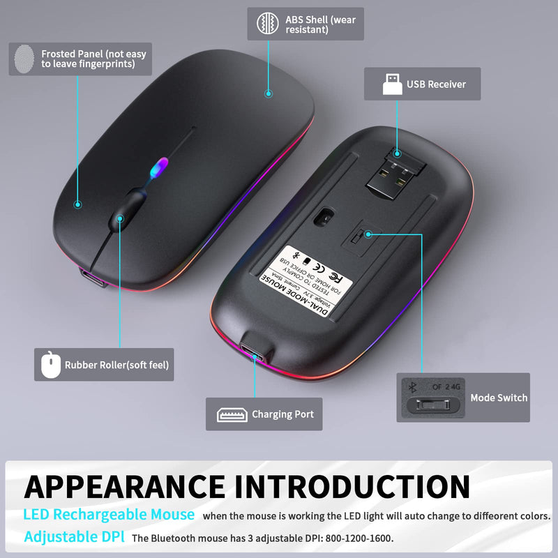 KANMABPC Wireless Bluetooth Mouse, Rechargeable LED Dual Mode Mouse (Bluetooth 5.2 and USB Receiver) Portable Silent Mouse,for Laptop/Desktop/Tablet(Black) Black
