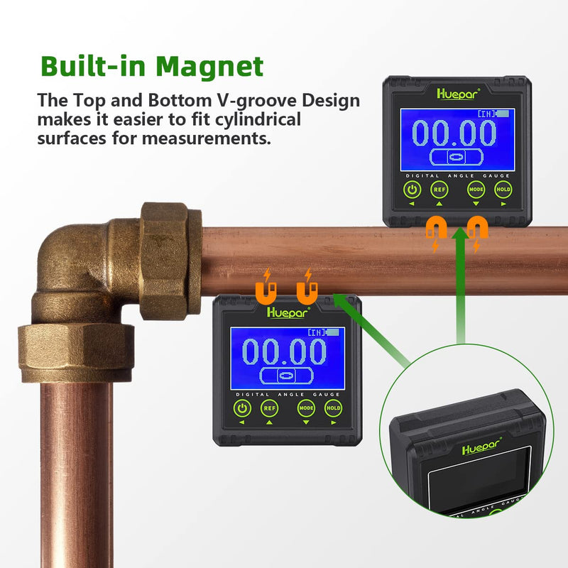 Huepar Digital Protractor, Electric Level Dual Axis Measuring Device 0.01° Resolution V-Groove Magnetic Base & LCD Inclinometer with Audible Alarm 0~360°AG03