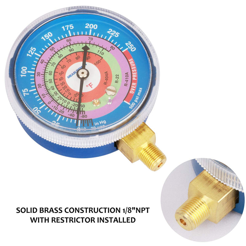 MEASUREMAN Refrigeration Pressure Gauge, 2-3/4" Dial, Blue Dial, 1/8" NPT Lower Mount, 30inHg-0-250psi, 250-500psi Retarded Range, R-404A, R-22, R-410A, Degree F, Adjustable Pointer 2-3/4 inch（30inHg-0-250psi）