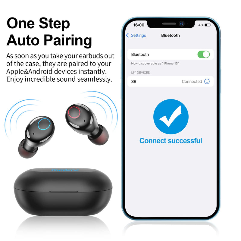 Bluetooth 5.2 Wireless Earbuds,Kurdene S8 38H Playtime Call Noise Cancelling Waterproof IPX8 Ear Buds Deep Bass Earphones with Microphone in-Ear Stereo Headphones Long Barttery for Work,Home-Black Medium Black