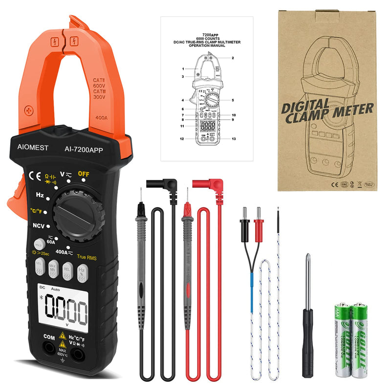 Digital Clamp Multimeter, AC DC Amp Volt Ohm Clamp-on Meter with Bluetooth APP, Intelligent DMM AN-7200APP Tester for Voltage Current Resistance Capacitance Hz Temp Diode Continuity Buzzer with Lamp