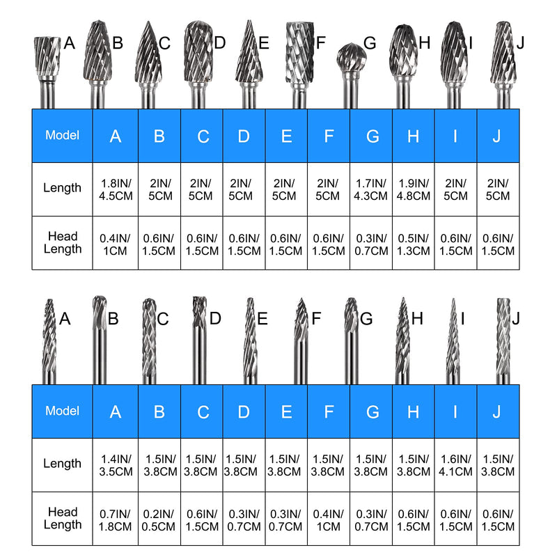 Double Cut Carbide Rotary Burr Set, Rotary Tool 20 Pcs Tungsten Steel Carbide Double Cut for Dremel Carving Bits, 1/8" Shank and 1/4" Head Length for Metal Polishing Wood Carving Drilling Engraving