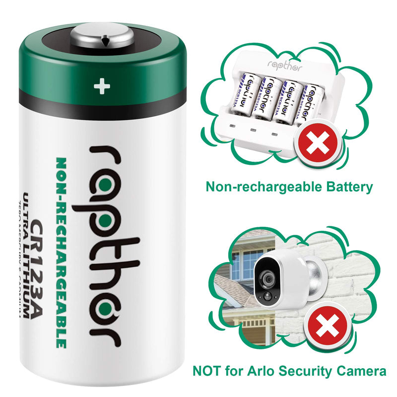 Rapthor CR123A Lithium Batteries 3V 1650mAh, 12 Pack CR17345 High Power 123 Photo Battery CR123 PTC Protected for Cameras Flashlight Alarm Smart Sensors (Non-Rechargeable, Not for Arlo) (Pack of 12)