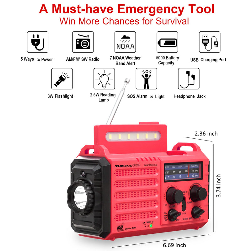 Portable Emergency Radio Hand Crank Solar AM/FM/SW/NOAA Weather Alert Radio 5000 Rechargeable with USB Charger, Flashlight, Reading Lamp, SOS Alarm, Headphone Jack, Survival Camping Gear Red