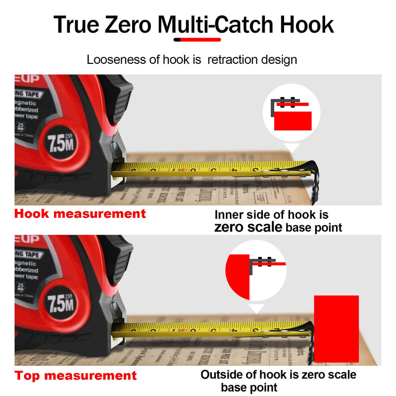 WISEUP tape measure 5m, metric and English standard tape measure, magnetic self-locking tape measure 5m, anti-fall ABS shell, with strap clip, carpenter tool measuring & planning tools