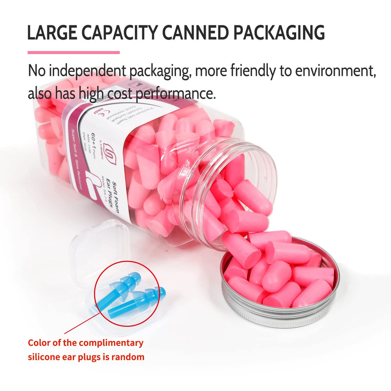 LYSIAN Pink Color Ultra Soft Foam Earplugs 60 Pairs with Reusable Silicone Earplug, 38dB SNR Ear Plugs, Sleeping, Snoring, Shooting, Travel and All Loud Events