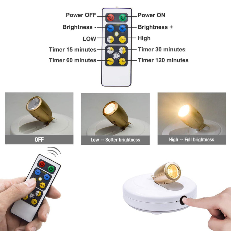 BIGLIGHT Wireless Spotlight, Battery Operated Accent Lights, LED Puck Light,Dimmable Uplight with Remote, Stick on Anywhere for Lighting up Painting Picture Artwork Closet Showcase, Warm White, 2 Pack