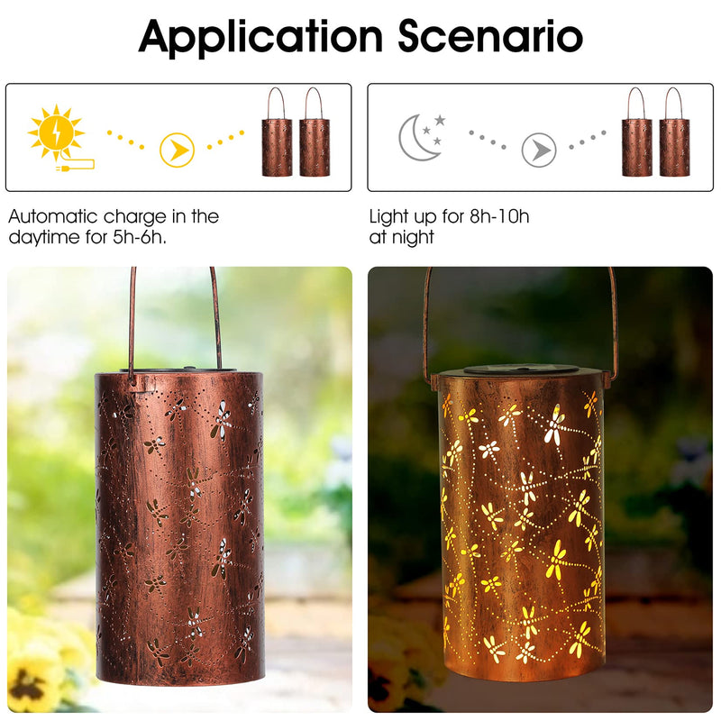 Solar Lantern Outdoor Hanging Lights - Dragonfly Hollowed-Out Metal Solar Lantern - Waterproof LED Decorative Garden Lights - Perfect Garden Decoration for Patio, Yard, Pathway 1.Dragonfly Lantern
