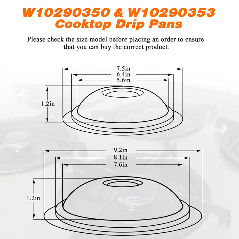 W10290350 W10290353 Porcelain Burner Drip Pan Bowls Replacement by Blutoget - Fits Whirl-pool Electric Range Cooktop Includes 2 Pack 8-Inch and 2 Pack 6-Inch Pans(Black Porcelain)