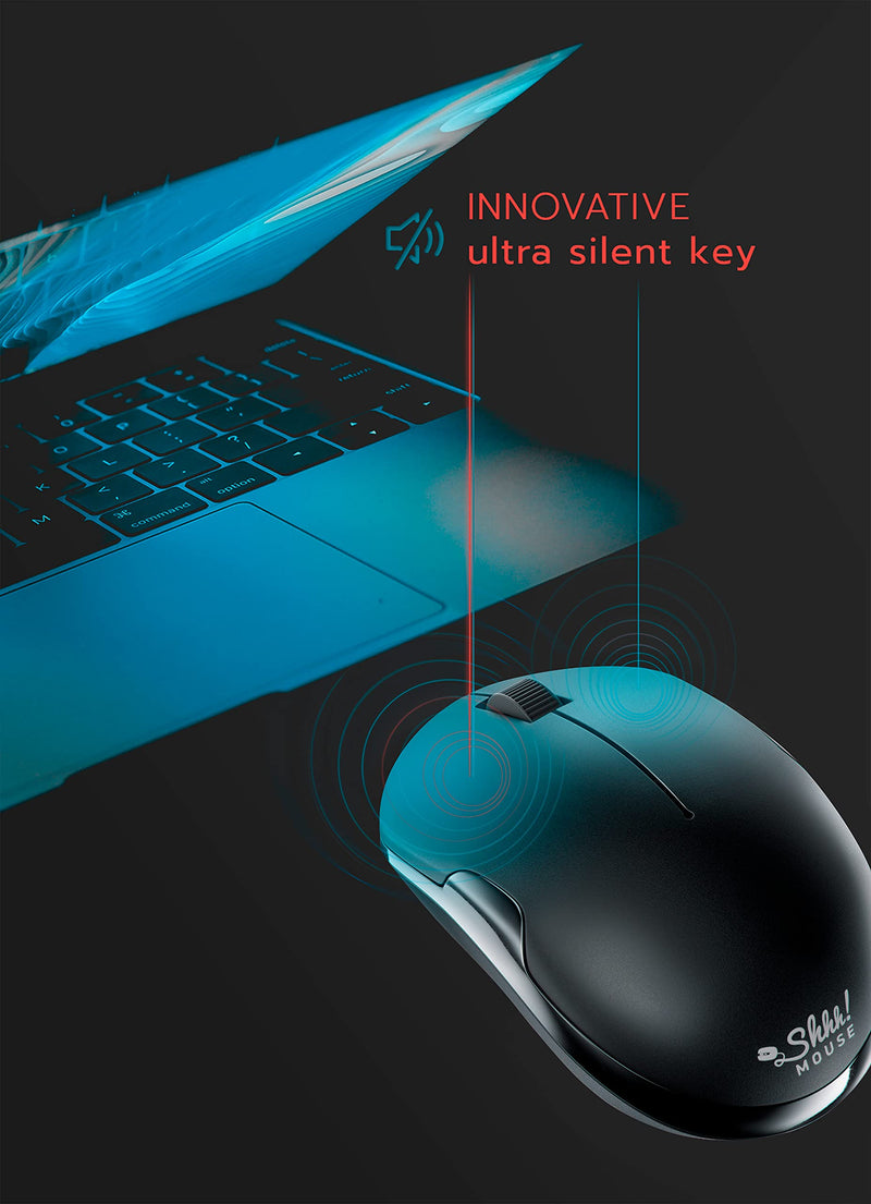 ShhhMouse Wireless Silent Noiseless Clickless Mobile Optical Mouse with USB Receiver and Battery Included, Portable and Compact, for Notebook, PC, Laptop, Computer, MacBook (Black) Black
