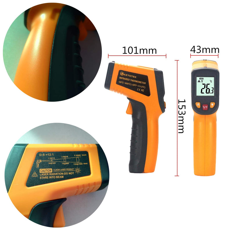KETOTEK Infrared Thermometer Laser Digital IR Thermometer pyrometer Food Non-Contact Thermometer Gun -50-600℃(-58-1112°F) Thermometer Temperature Tester (Yellow) Yellow