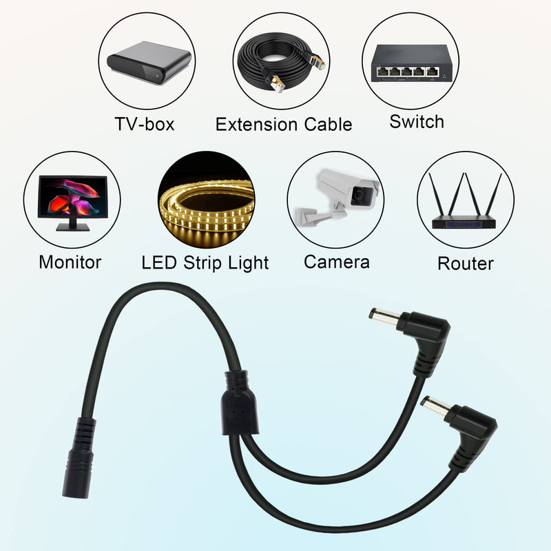 GINTOOYUN DC Splitter Cable 1 Female to 2 Right Angle Male, 12V DC 5.5mm x 2.1mm Y Splitter Adppter Female to 90 Degree Male Extension Cable 0.7m (1 to 2 Right Angle Way)