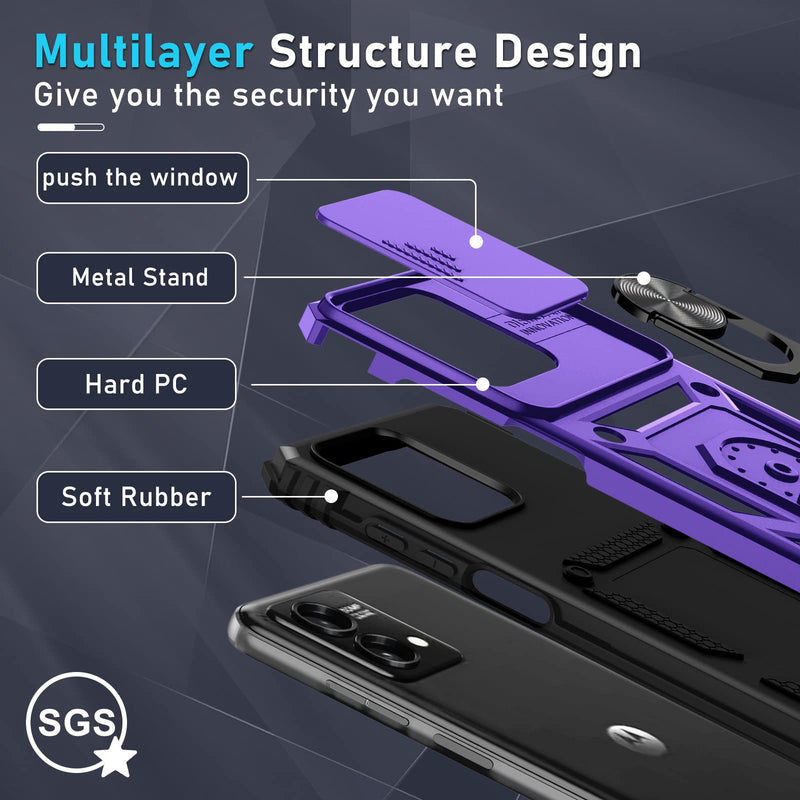 Janmitta for Motorola Moto G Stylus 5G 2023 Case[Not for 2022 Version] Built in Slide Camera Lens Cover+Screen Protector+Finger Ring Holder Kickstand,Heavy Duty Shockproof Full Body Cover,Purple Moto G Stylus 5G 2023(6.6 inch) Purple