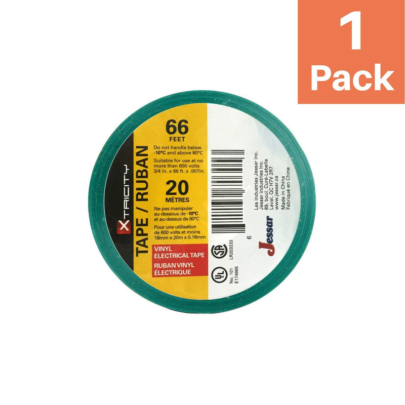 Vinyl Electrical Tape, 3/4-Inch x 66 Ft Roll, UL Listed, Green (1 Pack) Pack of 1