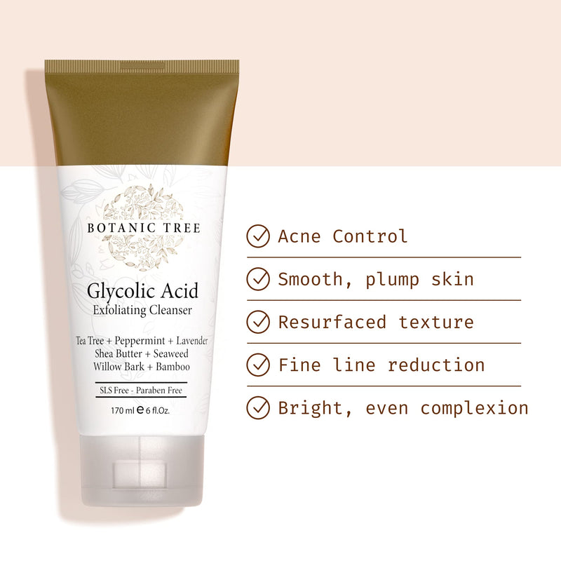 Botanic Tree Glycolic Acid Face Wash - Exfoliating Face Wash with 10% Glycolic Acid, AHA and Salicylic Acid for Acne, Anti Aging, and Wrinkle Reduction, 6 fl. oz. 6 Fl Oz (Pack of 1)