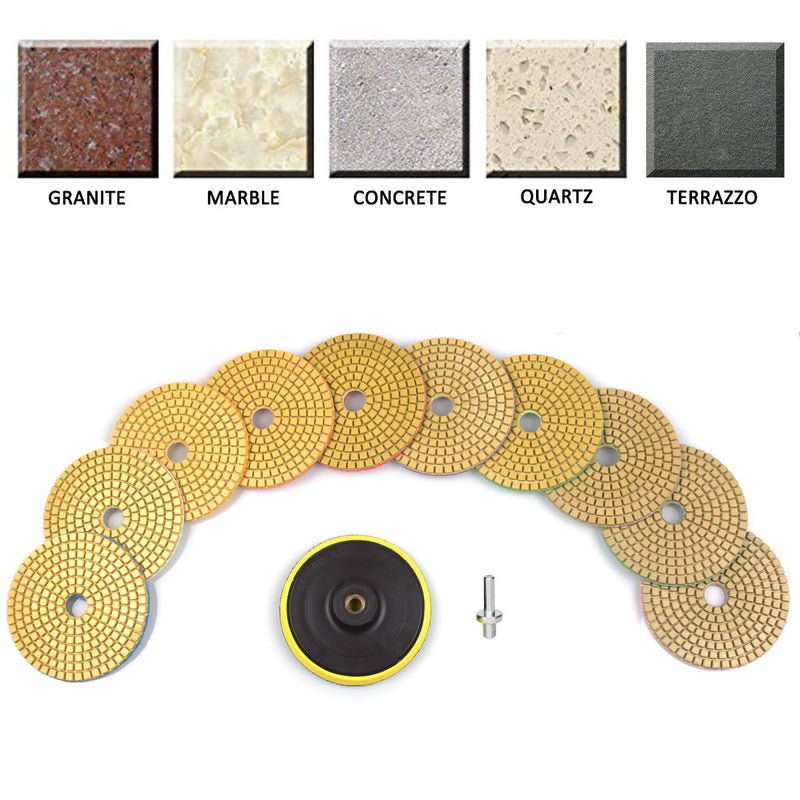 ADVcer Wet Diamond Polishing Pads Set, 4" 10 Pads 50 to 3000 Grit with Hook and Loop Backing Holder Disc - Ideal Buffing Kit for Granite Concrete Marble Stone Countertop Tile Floor Grinder or Polisher