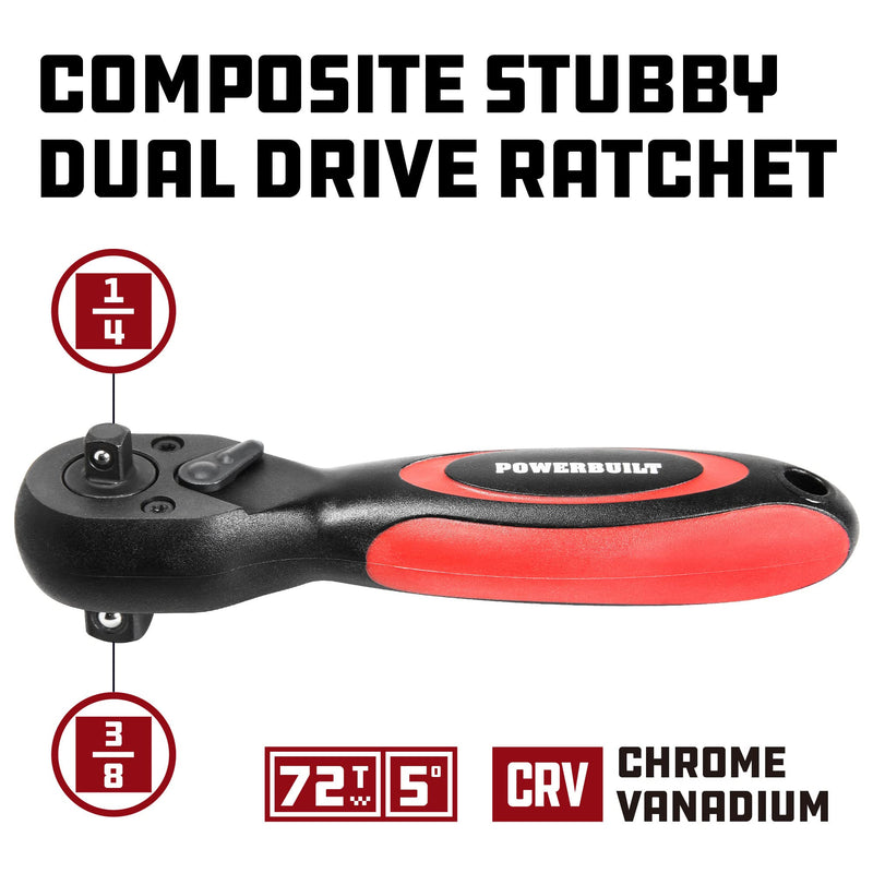 Powerbuilt Stubby Ratchet 3/8 Inch and 1/2 Inch Drive, Reversible Socket Wrench, 72 Tooth, Offset Comfort Handle - 940481